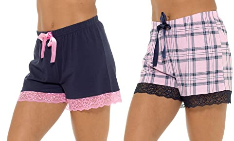 2er-Pack Lounge-Shorts für Damen und Mädchen, luxuriöse Spitzenbesatz, Jersey-Baumwolle, kurze Pyjamahose