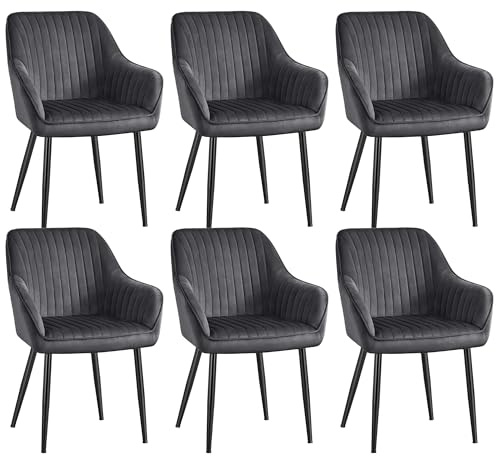 Songmics matrumsstol, set om 6, köksstol, fåtölj, sammet, stoppstol med armstöd, kan belastas upp till 120 kg, metallben, matsal/kök, gråbläcksvart LDC087G01-6