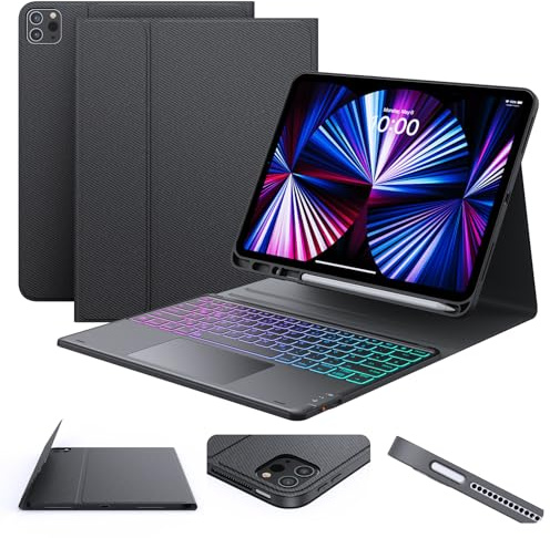 Earto Hülle mit Tastatur für iPad Air 13 Zoll(M3 2025/M2 2024)/Pro 12.9 | 3-Zone Beleuchtung mit 7 Farben, Tastatur mit Touchpad, QWERTZ Layout, Schwarz