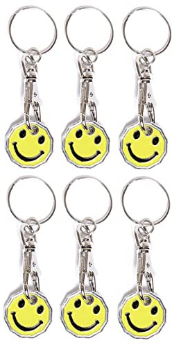 Craft 4 You Pack of 6 x Shopping Trolley Token UK Keyring £1 Coin Shape Pound Tokens Key Ring for Supermarkets Locker Gym (6 x Smiley)