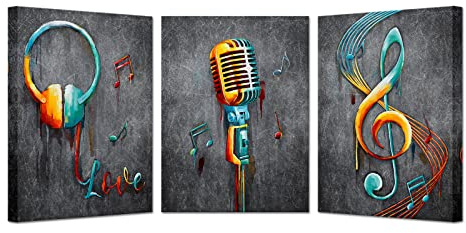 3 Pieces Music Artistic Paintings Wall Art Microphone and Headset Note Picture Canvas Giclee Print Modern Home Studio Bedroom Decor Stretched and Framed Ready to Hang Each Size 12x16inch (Small)