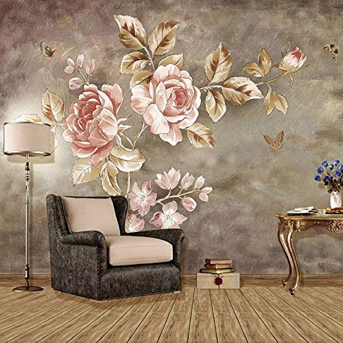 Tapete Selbstklebend,Retro Distressed Pink Rose Blume Blatt Zweig Schmetterling Idyllischer Druck Große Selbstklebende Tapete Zum Abziehen Und Aufkleben, Abnehmbares Kontaktpapier, Vinylwandbild, Ge