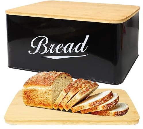RoyalHouse Modern Metal Bread Box with Bamboo Cutting Board Lid, Bread Storage Container for Kitchen Counter, Vintage Kitchen Decor Organizer - Black