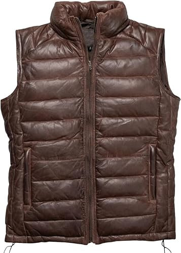 JACKETREE Herren Braun Distressed Leder Puffer Weste Braun Gepolsterte Lammfell Weste Braun Leder Puffer Weste für Männer, Dunkelbraun, L