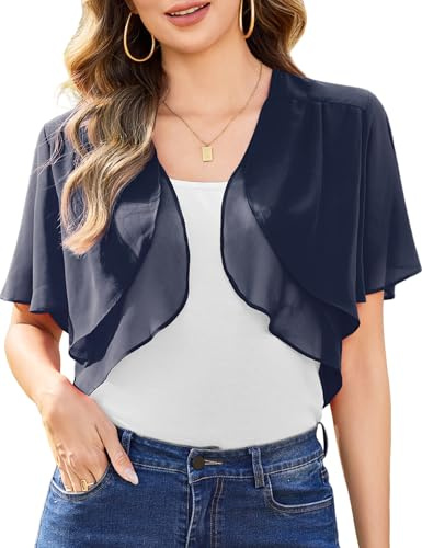 Aottori Coprispalle Donna Chiffon Bolero Elegante Maniche Corte Cardigan Corto Estivo Bolerino Leggero Shrug Aperto Primavera per Cerimonia Festiva Blu Navy S