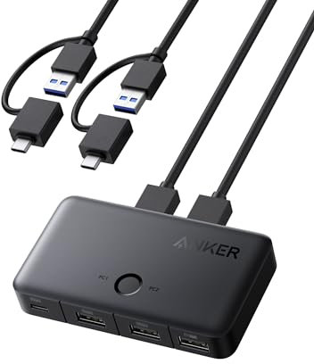 Switch KVM di Anker, 2 laptop in un clic, cavo USB-A con connettori 2-in-1, condivisione di 3 porte USB 3.0, trasferimento dati ad alta velocità a 5Gbps per laptop, tastiera, mouse e altro ancora