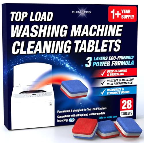 Tablettes de nettoyage pour machine à laver – Charge par le haut – 28 tablettes – Formule écologique à 3 couches – Nettoyage en profondeur et détartrage – Protège et désodorise – Conçu et formulé pour