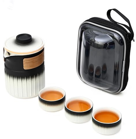 Juego de té de cerámica de viaje con infusor de té, tetera china de gung fu, 1 olla, 3 mini tazas de porcelana, bolsa portátil para el hogar, oficina, picnic al aire libre