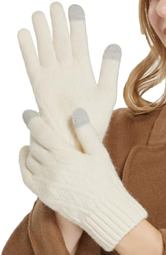 QICEDER Guanti Touch Screen Invernali Termici a Maglia per Donna - per Smartphone, Bici, Running (Bianco)