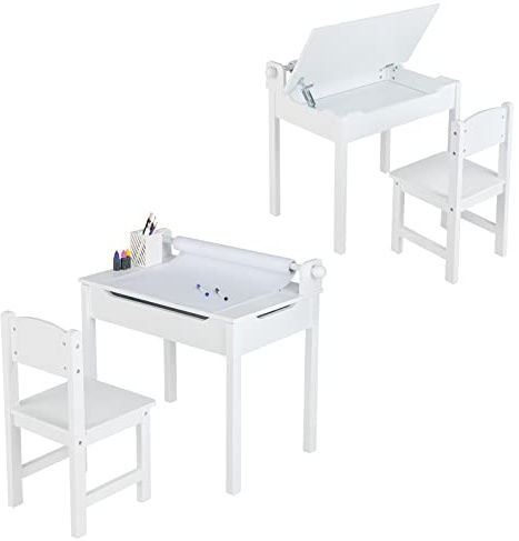 COSTWAY Juego de Mesa y Silla Infantil de Madera, Mesa de Actividades para Niños con Silla, Escritorio Infantil con Soporte para Rollo de Papel para Dibujar, Estudiar y Jugar (Blanco)