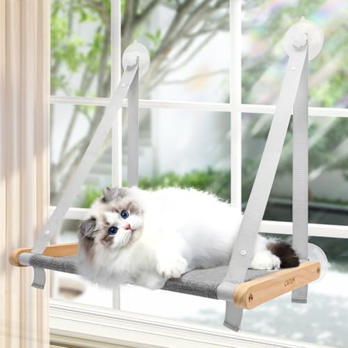 CATISM Vikbar katthängmatta upp till 20 kg, Förstärkt katthängmatta med stark sugkopp, Tvättbart tyg som andas, Hållare för fönsterbräda, Sovsäck för katt (50 x 38 cm), Grå