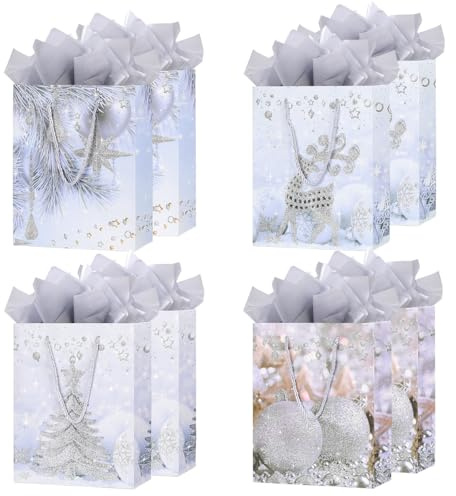 ZJHiome 8 Pack Large Christmas Gifts Bag 12.6’’ Xmas Paper Gift Bags with Tissue Paper 4 Assorted Glitter Pattern Christmas Treat Bags for Christmas Presents,Holidays Gifts Wrap