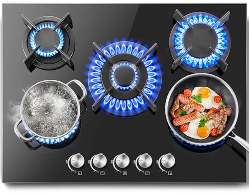 SNDOAS Plaque de Cuisson Gaz 5 Feux, Plaque à Gaz 5 Feux, Table de Cuisson 70cm, Cuisinière Encastrable, Conversion Gazs Naturel/Propane, 10400W Cuisinière à gaz en Verre Trempé Noir, Arrêt Auto
