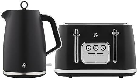Swan Serenity Kitchen Set, 1.7L Kettle & 4 Slice Toaster, Black, SK14017BLK & ST19024BLK
