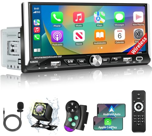 Single Din Car Stereo with Wireless Apple Carplay Android Auto, 6.9 IPS Touchscreen Car Stereo with Bluetooth 5.2 Handsfree Mirror Link Backup Camera GPS Navigation Dual USB Fast Charge FM AM EQ SWC