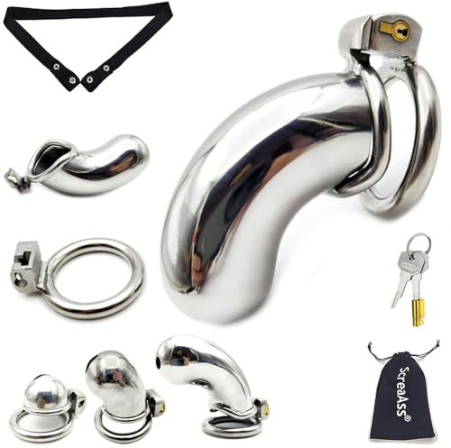 ScreaAss S/M/L Geschlossener Metall Peniskäfig Extrem Mit Gürtel 3 Größen Kleiner Keuschheitskäfig Edelstahl Chastity Cage Cock Cage SM Bondage Keuschheitsgürtel Sex Spielzeug Für Männer,Silver/l,50mm
