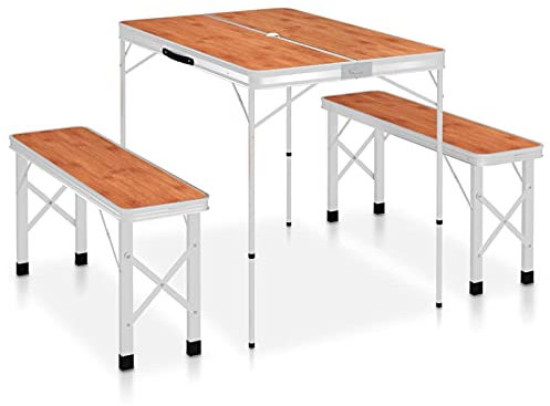 Xichuzi Klappbarer Campingtisch mit 2 Sitzbänken, Camping Tisch Stuhl Set, Picknick Set, Camping Sitzgruppe Klappbar, Picknick Tisch Und Stühle Klappbar, Aluminium Braun