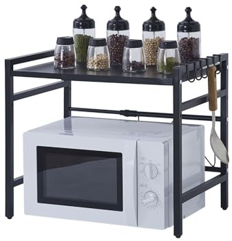 ZZINOKE 2-Stufiger Mikrowellenregal, Mikrowellenständer mit 6 Haken, Höhen und Längenverstellbares Küchenarbeitsplattenregal, Stabiles Küchenregal, 40-60×35×45.5cm, Schwarz
