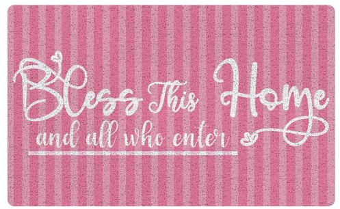 URLLUAE Bless This Home and All Who Enter Door Mat, Retro Pink Striped Blessed Welcome Mats Doormat for Front Door Porch Indoor Outdoor Entrance, 17x30 Inch