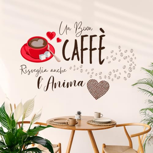 Gigio Store Sticker mural décoratif avec tasse rouge, phrase italienne « Un bon café » réveille aussi l'âme, grains de café et coeur