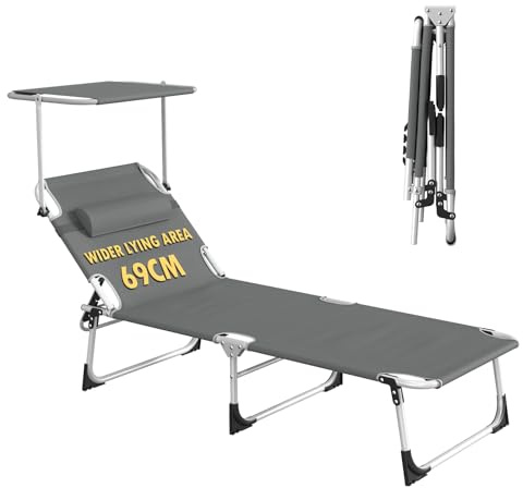 Sonnenliege Mit Dach, Wetterfeste Gartenliege, Stabile Strandliege Klappbar & Leicht, Mit Sonnenschutz & Verstellbarer Rückenlehne, Belastbar Bis 150 Kg, Ideal Für Garten Terrasse Camping, Anthrazit