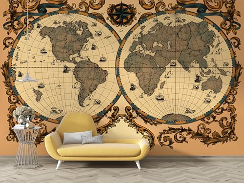 dyausi World Map Wall Mural, Vintage Nautical Wallpaper, Self-Adhesive Photo Wallpaper Peel and Stick, Murals Poster Decoration for Living Room Bedroom 200 * 140cm (W*H) B1
