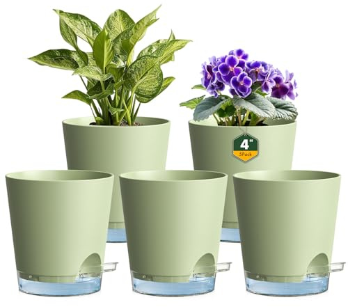 Homeuouz 10cm Self Watering Plant Pots, 5 Pack Plastic Self Watering Planter with Drainage Holes & Saucer, Ideal for All Indoor Outdoor House Flowers and Plants(Green With Transparent Drainage)