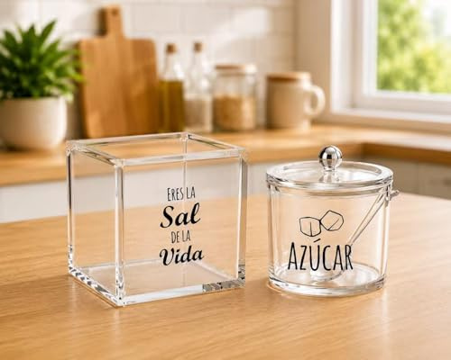 DAMDAM GO Salero y Azucarero de Cocina Super Original Acrilico Diseño Frases, Juego de Sal y Azúcar con Tapa (Sal de la Vida)