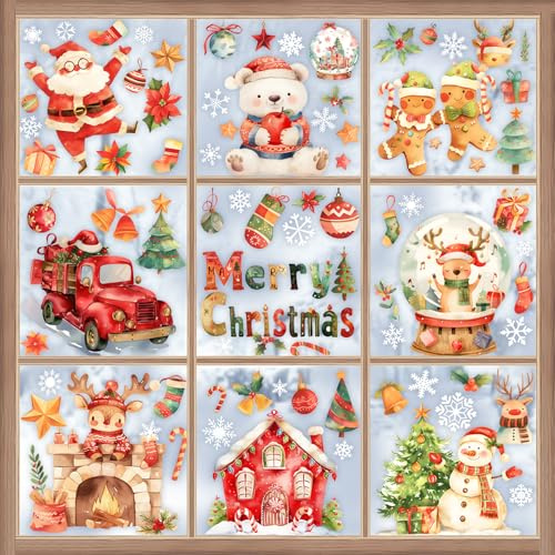 Fensterbilder Weihnachten Selbstklebend für Kinder, 9 Blättern Weihnachts Fensterbilder Wiederverwendbar, Fenstersticker Weihnachten Statische Weihnachtsaufkleber Fenster Schneeflocken Weihnachtsdeko