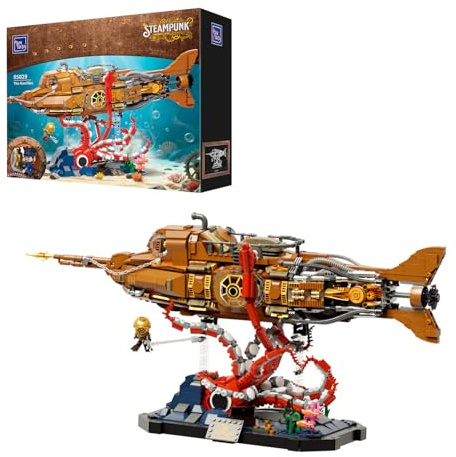 PANTASY Steampunk Nautilus U-Boot Klemmbausteine Set | Modulares 3-Sektionen-U-Boot mit Zahnradpropeller, Mini-Boot und detailreicher Unterwasser-Abenteuerszene