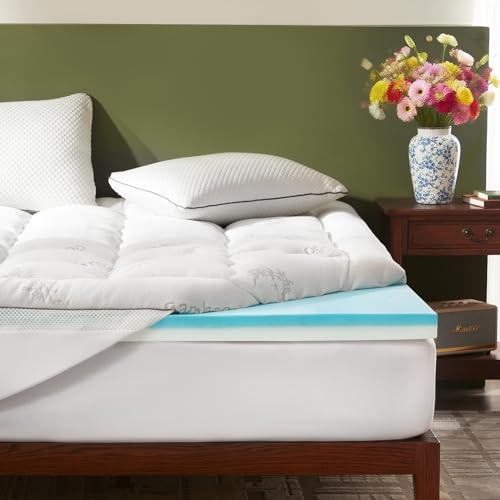 BEDLORE Mattress Topper Kingsize Bed,2-in-1 Dual Layer Design (2 Gel Memory Foam + 2 Plush Top Cover) Memory Foam Mattress Topper Medium-Firm, Pressure& Back Pain Relief (White)