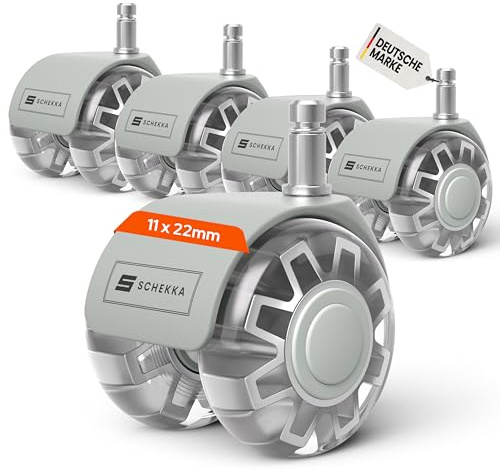 SCHEKKA Bürostuhl Rollen 5er Set - Schreibtischstuhl Rollen 11x22 mm | Kratzfrei & super leise - Für Parkett, Laminat, Fliesen & Teppich - Langlebige Gummirollen Bürostuhl Grau Schwarz