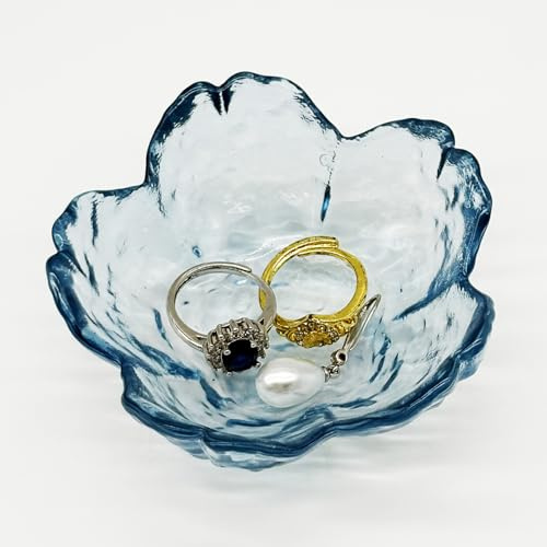 BESSKON Glass Flower Ring Dish, Decorative Jewelry Tray, Clear Small Trinket Holder for Nightstand, Bathroom Organiser (Blue)