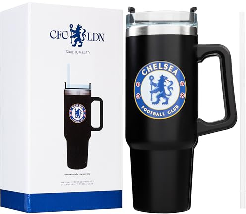 Get Trend Chelsea FC Insulated Tumbler 850ml, Stainless Steel Water Bottle with Straw & Handle, Cold for 12H Hot for 8H, Travel Coffee Mug, Football Gifts (Black Chelsea)