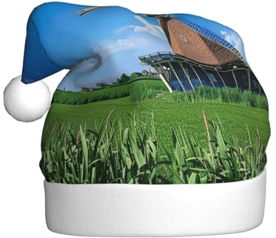DUWAA Windmill Blue Print Soft Plush Santa Hat Adult, Xmas Party Hat With Pom,For Christmas New Year Festive Party