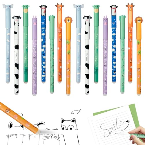 QMLING 16 stycken raderbar kulspetspenna, 0,5 mm, gelpennor med djurmotiv, raderbara gelpennor med termokänsligt raderbläck för skola och kontorsmaterial (färgade påfyllningar)