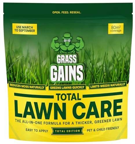 Grass Gains Total Lawn Care, 3 in 1 Feed, Moss contol and Weed Suppressant, Pet & Child Friendly, Covers 80m². Promotes a thicker, Greener, Healthier Lawn