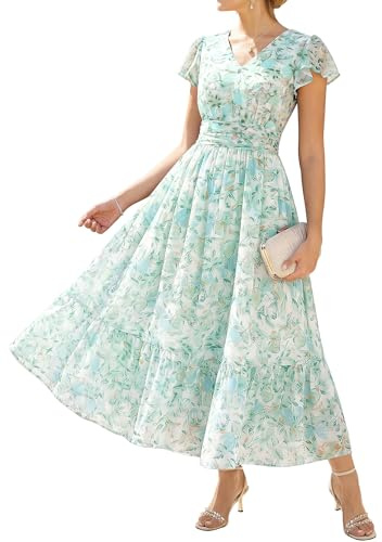 Grace Karin - Abito midi da donna con scollo a V, maniche con volant, linea A, floreale, estivo, con tasche, M