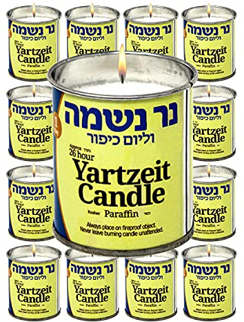 One Day Yahrzeit Lot de 12 bougies funéraires casher 24 heures dans un pot en étain pour Yom Kippur Yizkor et Funérailles