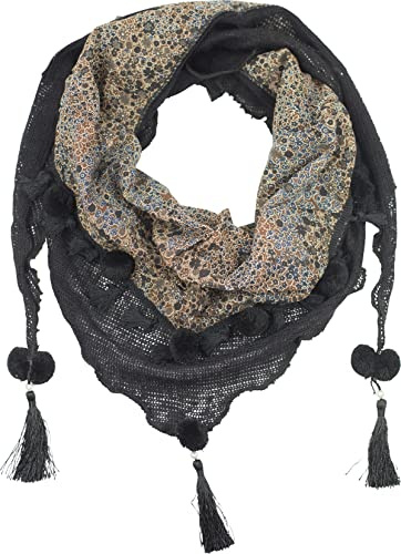 fashionchimp Damenschal mit Zier-Quasten und Muster-Mix Stickerei, Fransen-Schal, Dreieck-Tuch (Pattern-Schwarz)