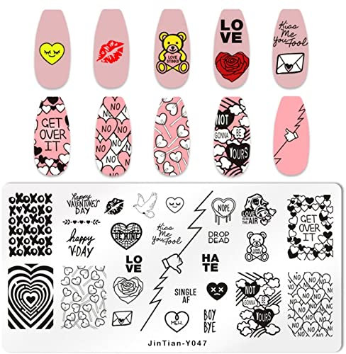 RUNRAYAY Plantilla para Estampado de Arte de Uñas Estilo Amor, Plantilla para Estampado de Imagen de Oso de Corazón, 1Pc Mix Pattern Vintage Nail Templates for Printing Stencil Tools