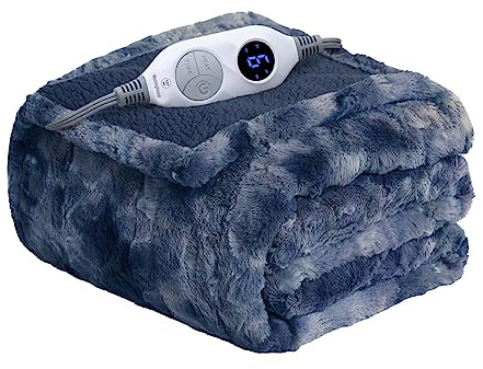 Westinghouse Electric Heated Throw Blanket, Faux Fur with 6 Heating Levels & Auto Off, Soft Cozy Sherpa Washable Blanket (50 x 60, Indigo)