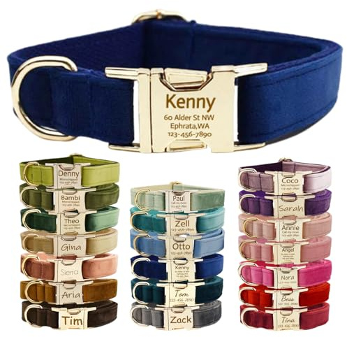 CUUOOT Collar de perro personalizado con hebilla de metal, collar de pana de doble cara personalizado con nombre y número de teléfono, tamaños ajustables para perros pequeños, medianos y grandes