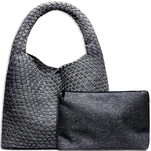 JINMANXUE Damen-Handtasche aus veganem Leder, handgewebt, modische Schultertasche, Top-Griff, Unterarmtasche mit Geldbörse, Jeansschwarz
