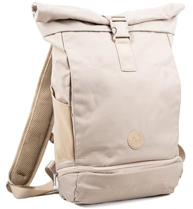 for you Rolltop Rucksack beige 15-21L - Nachhaltig & Wasserabweisend - Damen & Herren – Mit Laptopfach für Schule & Uni, Schuhe, Business Fitness, Handgepäck - mit Rückenpolster - Daypack 40,5cm