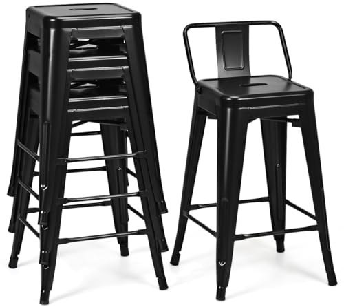 COSTWAY Juego de 4 Taburetes de Bar, Respaldo Desmontable, 4 Sillas de Comeder de Metal Acero Aplilables, Taburete Alto de Cocina con Reposapiés, hasta 150kg, 43X43X79/116CM (Altura 79cm Negro)