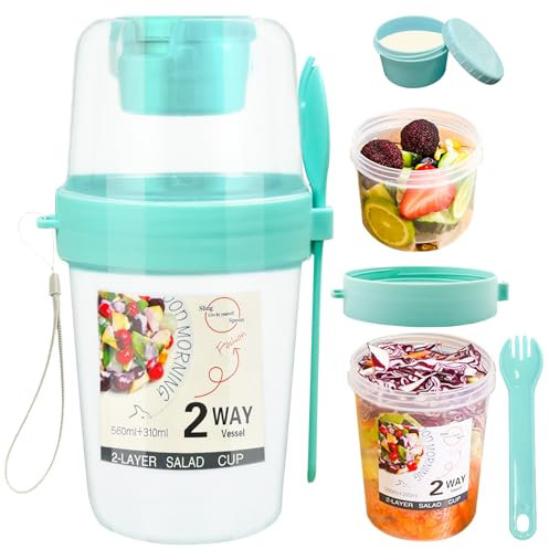 Bol muesli a emporter,560+310 ML,Tasse de Céréales Portable à emporter avec Cuillère,Coupe de Céréales à emporter,Gobelet Yaourt et Muesli,pour l'avoinele petit-déjeuner,les fruits,les salades