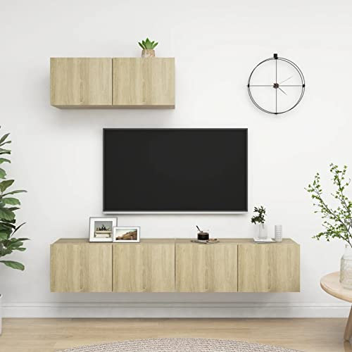 Tidyard 3 Piece TV Cabinet Set, TV Stand, Stereo Cabinet, Floating TV Unit Cabinet, TV Stands & Multimedia Centres, Wall Mounted TV Shelf for Living Room, Sonoma Oak Chipboard TV Cabinet