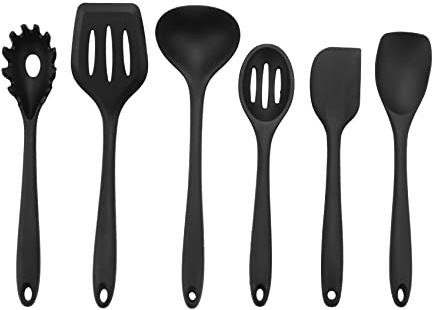 Hopbucan 6Pcs Black Silicone Cooking Utensils Set Heat Kitchen Utensils Set Kitchen Nonstick Tools Spatula Ladle Spoon