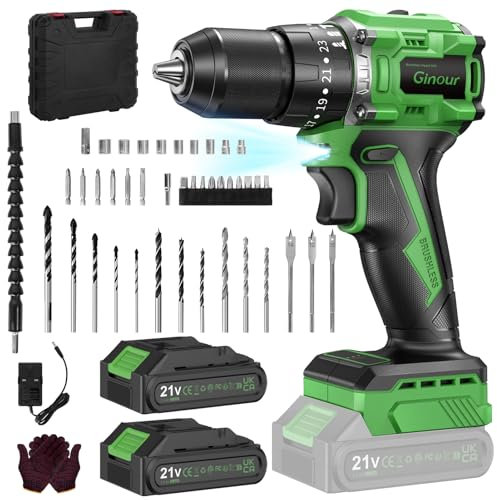 Ginour 21V Brushless Cordless Combi Drill Set, 2x2.0Ah, Hammer Drill 50Nm, compatible with Makita 18V Battery, 23+3 Torque, 2 Speed, 48PCS Electric Screwdriver kit, Impact drill for Masonry Wood Metal